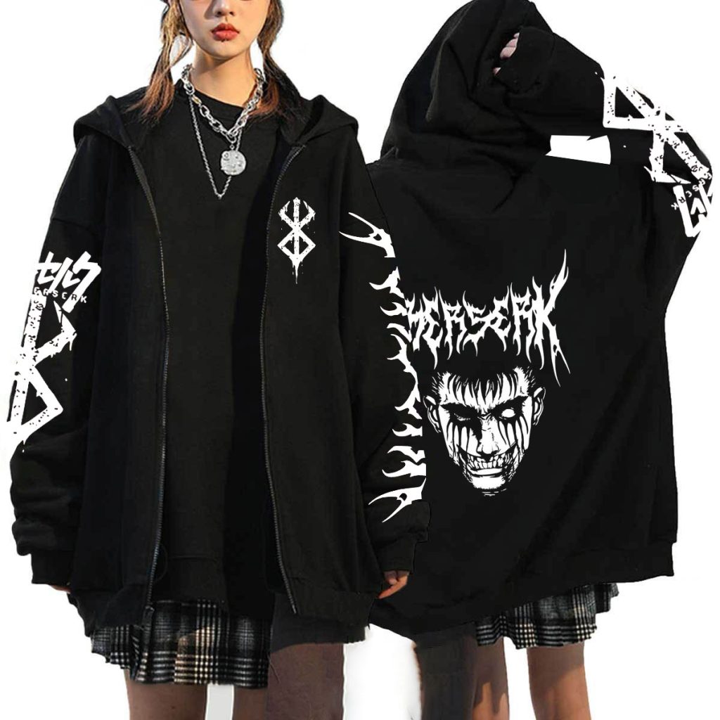 Berserk Anime Hoodie Men Zip Up Hooded Sweatshirt Anime Zipper Jackets Casual Print Women Unisex Black 1 - Berserk Merchandise