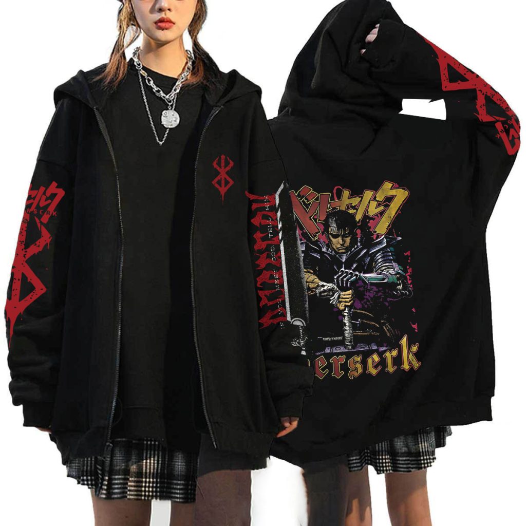 Berserk Anime Hoodie Men Zip Up Hooded Sweatshirt Anime Zipper Jackets Casual Print Women Unisex Black 3 - Berserk Merchandise