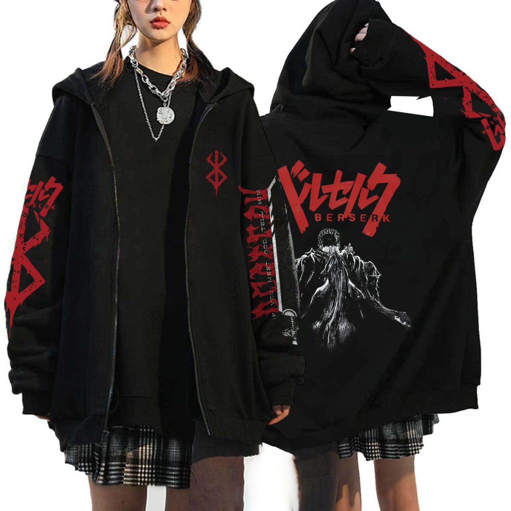 Berserk Anime Hoodie Men Zip Up Hooded Sweatshirt Anime Zipper Jackets Casual Print Women Unisex Black 4 - Berserk Merchandise