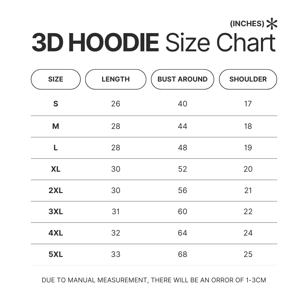 3D Hoodie Size Chart - Berserk Merchandise