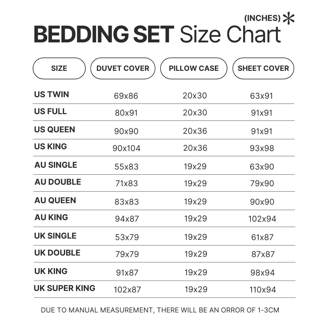 Bedding Set Size Chart - Berserk Merchandise